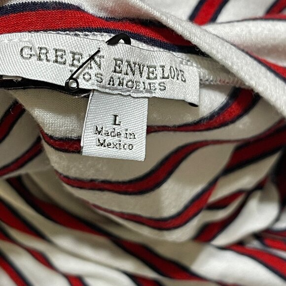 Green Envelope Ruffle Sleeve T-Shirt Red White Blue Size L Large - Picture 5 of 6
